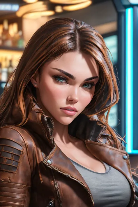 Naked Leather Jacket Girl Big Tits Ponytail Smile Best Quality Cyberpunk Masterpiece Brown Hair Beauty