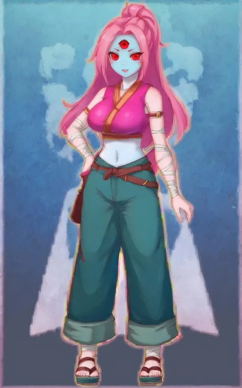 <lora:Hylotl17:0.6>, girl, three eyes, large breasts, pink hair, blue skin, bandage on chest, asian pants, asian sandals, high detailed, intricated