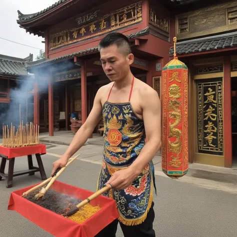 A young oracle, known as a "Ji Tong" in Taiwanese folk religion, is captured in a moment of trance-like intensity , <lora:houseman:0.85> ,housemanku, ku,Dressed in vibrant, traditional garments adorned with intricate embroidery and talismans, the Ji Tong is in the midst of a ritual. The setting is a bustling Taiwanese temple, filled with the smoke of incense and the fervent energy of devotees. The Ji Tong holds ritualistic tools in hand, perhaps a pair of crescent-shaped wooden blocks or a spiritual sword. The lighting is dramatic, casting shadows that accentuate the oracle's focused expression and the intricate details of the garments. The atmosphere is thick with the scent of incense and the murmurs of prayers, adding a layer of sensory depth to the image. Medium: Digital Photography. Style: Photojournalistic with a focus on cultural authenticity. Lighting: Natural temple lighting supplemented with soft, directional light to highlight the Ji Tong. Colors: Rich and vibrant to capture the essence of the ritual garments and temple decorations. Composition: A close-up shot that captures the Ji Tong and the immediate surroundings, with a blurred background to focus attention on the subject. Use photo hyper-realism, highly detailed, and high-resolution,<lora:dangi:0.6>