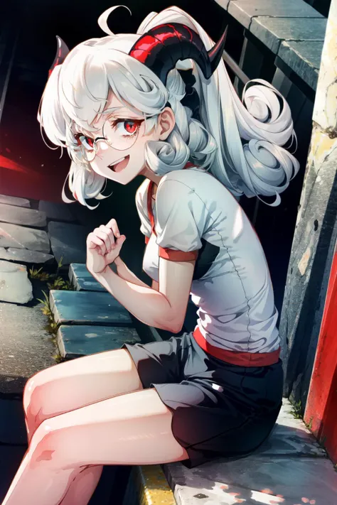 <lora:pandemonica-10:1> pandemonica(helltaker), 1girl, solo, looking at viewer, smile, open mouth, gym, sitting , medium breasts , gym outfit, curly hair, demon horn,black horn ,red eyes, round eyewear,