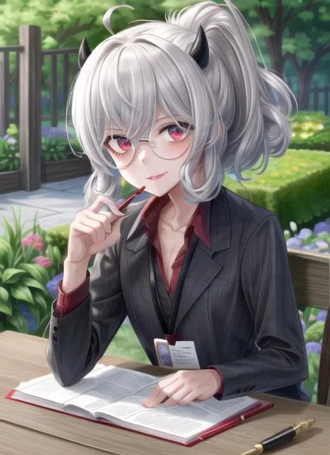((best quality)), ((highly detailed)), masterpiece, (detailed eyes, deep eyes), (1girl), upper body, <lora:hairdetailer:.9>, <lora:pandemonica:.9>, pandemonica(helltaker), white hair, curly hair, ponytail, red eyes, round eyewear, demon horns, black horns, black tail, evil smile, evil eyes, sadist, red collared shirt, collarbone, black suit jacket, black pencil skirt, black high heels, id card, pen, holding clipboard, (in a garden)