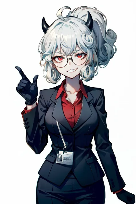 <lora:pandemonica-10:0.7> pandemonica(helltaker), 1girl, solo, looking at viewer, smile, large breasts, simple background, shirt, red eyes, gloves, long sleeves, ponytail, ahoge, white hair, horns, glasses, teeth, black gloves, collared shirt, medium hair, grin, black suit , formal, demon girl, demon horns, red shirt, whte background, curly hair, round eyewear, black horns, business suit