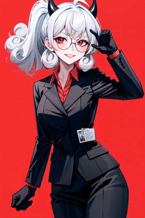 masterpiece, best quality, pandemonica(helltaker), 1girl, solo, looking at viewer, smile, large breasts, simple background, shirt, red eyes, gloves, long sleeves, ponytail, ahoge, white hair, horns, glasses, black gloves, collared shirt, medium hair, black jacket, formal, demon girl, suit, demon horns, red shirt, red background, curly hair, round eyewear, black horns, business suit, smile