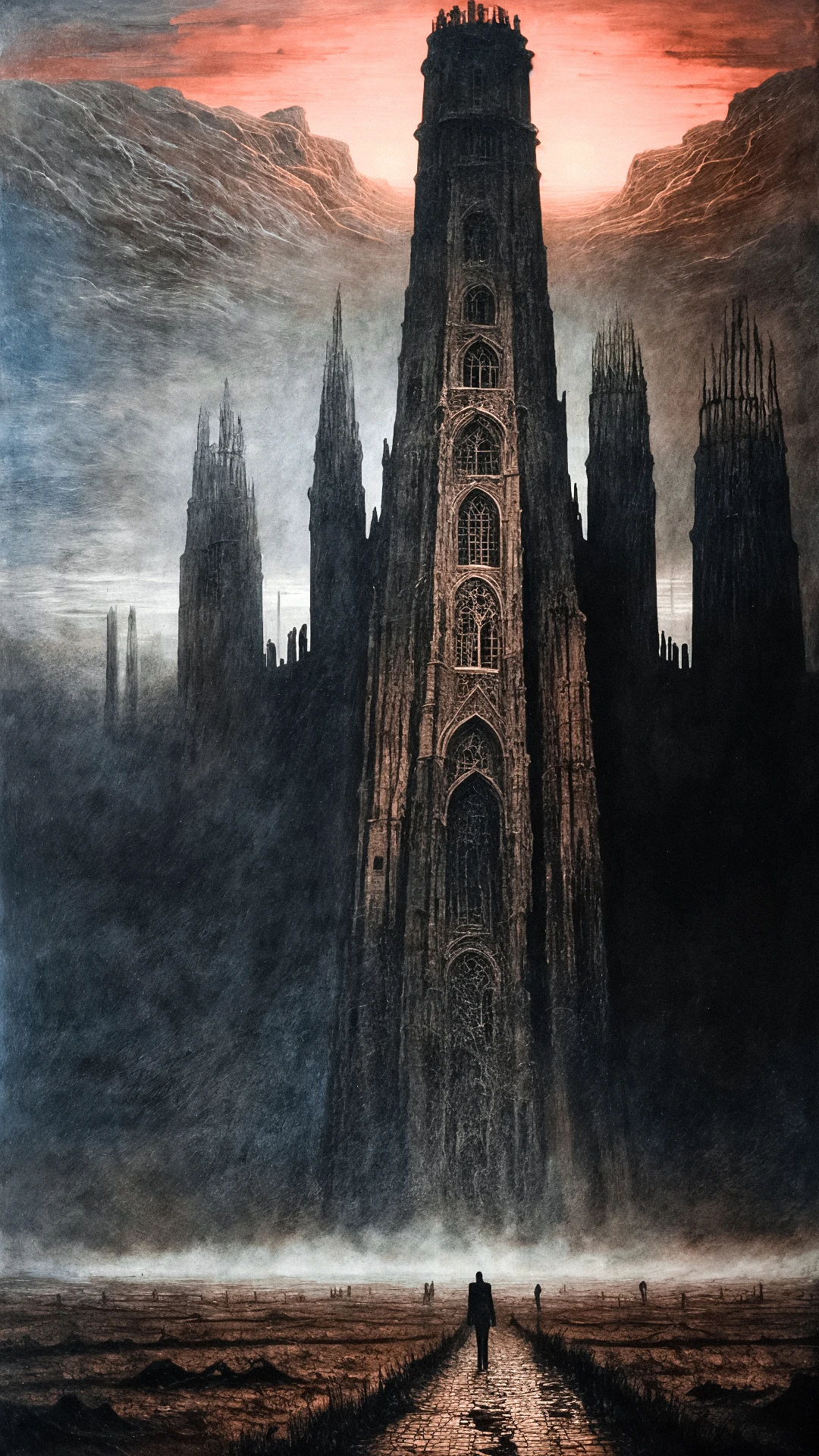 Human silhouettes moving across a desolate, dystopian landscape under a starless sky, haunting and dreamlike, by zdzislaw beksinski, Storm, Baroque, Chessboard, Eerie,Disquieting,Shattered, (Pastels:1.1), (Framing:1.1), (Photomontage:1.1), (Sunrise:1.2), Scales, Cone, ultra detailed, intricate, oil on canvas, dry brush, (surrealism:1.1), (disturbing:1.1), <lora:by_zdzislaw_beksinski_finetuned:0.5>