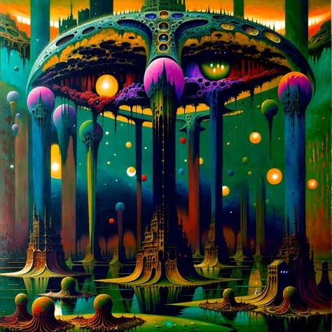 painting \(medium\, oil painting \(medium\), science fiction,fantasy, illuminated, (expressionist), (dread:0.6), (fascinating), (beautiful), breathtaking, (colorful:1.3), (detailed:1.2), (futurism:1.2), (surreal:1.1), (otherworldly), <lora:by_zdzislaw_beksinski_finetuned:0.7>, (zdzislaw beksinski:0.7), lake