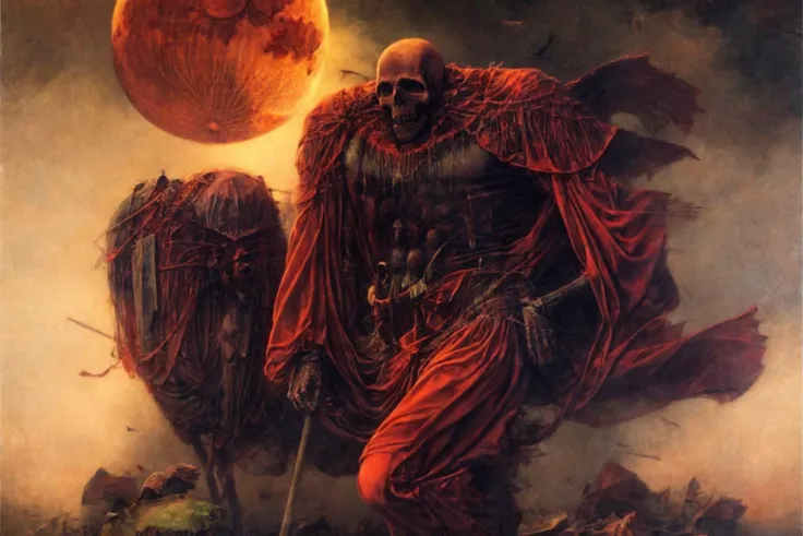Death walks in a cemetery under a blood moon,
best quality, highly detailed, masterpiece,
<lora:03style_Zdzislaw_Beksinski_ArtStyle_selected:0.8>, <lora:02adjust_more_details:1>