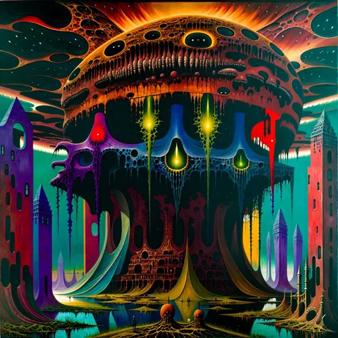 painting \(medium\, oil painting \(medium\), science fiction,fantasy, illuminated, (expressionist), (dread:0.6), (fascinating), (beautiful), breathtaking, (colorful:1.3), (detailed:1.2), (futurism:1.2), (surreal:1.1), (otherworldly), <lora:by_zdzislaw_beksinski_finetuned:0.7>, (zdzislaw beksinski:0.7), lake