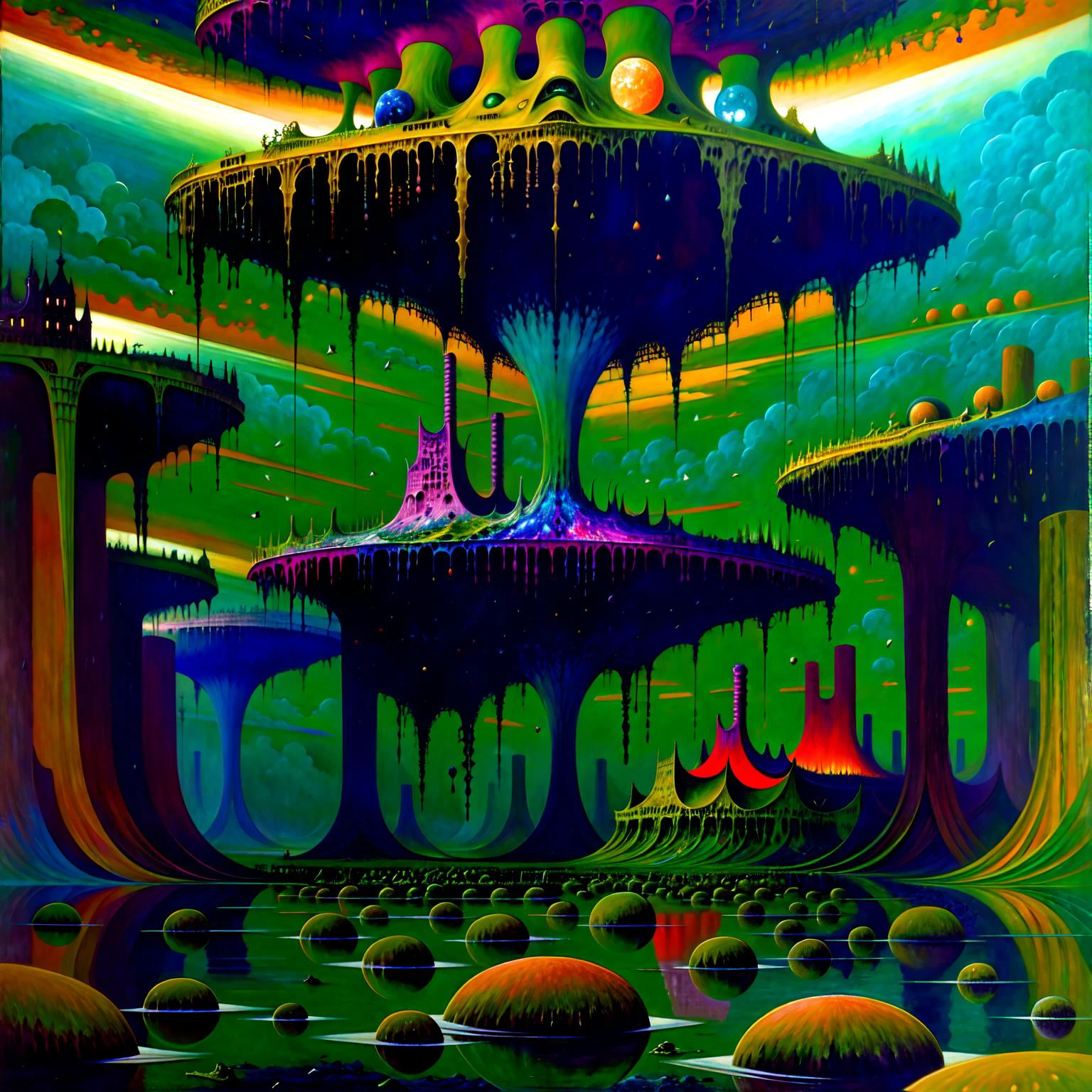 painting \(medium\, oil painting \(medium\), science fiction,fantasy, illuminated, (expressionist), (dread:0.6), (fascinating), (beautiful), breathtaking, (colorful:1.3), (detailed:1.2), (futurism:1.2), (surreal:1.1), (otherworldly), <lora:by_zdzislaw_beksinski_finetuned:0.7>, (zdzislaw beksinski:0.7), lake