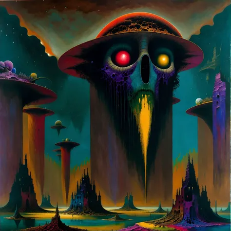 painting \(medium\, oil painting \(medium\), science fiction, illuminated, (expressionist), (dread:0.6), (fascinating), (beautiful), breathtaking, (colorful:1.3), (detailed:1.2), (futurism:1.2), (surreal:1.1), (otherworldly), <lora:by_zdzislaw_beksinski_finetuned:0.7>, (zdzislaw beksinski:0.7), lake