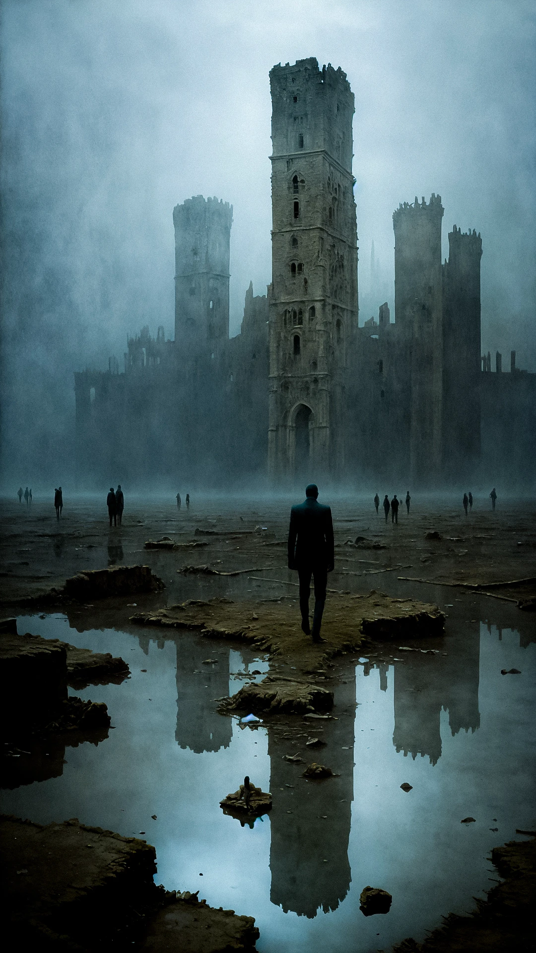An endless river of figures, trudging through a barren landscape, towards an uncertain future, surreal and melancholic, by zdzislaw beksinski, Rain, , Ruins,Chessboard,Broken mirrors, Ghoulish, (Triadic:1.1), (Proportion:1.1), (Frottage:1.1), (Reflected light:1.2), Parchment, Octagon, ultra detailed, intricate, oil on canvas, dry brush, (surrealism:1.1), (disturbing:1.1), <lora:by_zdzislaw_beksinski_finetuned:0.5>