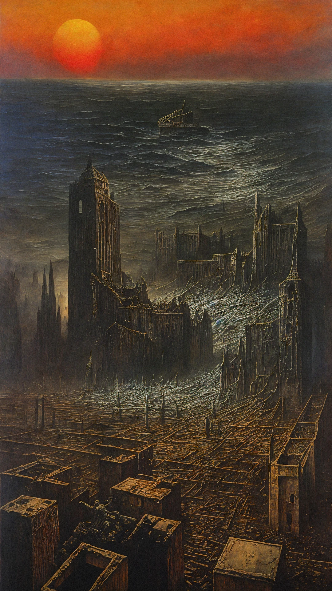 A crumbling cityscape, dwarfed by a line of moving figures, dreamlike and poignant, by zdzislaw beksinski, Whirlwind, Gothic, Chessboard,Shipwreck, Morbid,Melancholic, (Monochromatic:1.1), (Diagonals:1.1), (Tempera:1.1), (Sunset:1.2), Feathers, Cube, ultra detailed, intricate, oil on canvas, dry brush, (surrealism:1.1), (disturbing:1.1), <lora:by_zdzislaw_beksinski_finetuned:0.5>