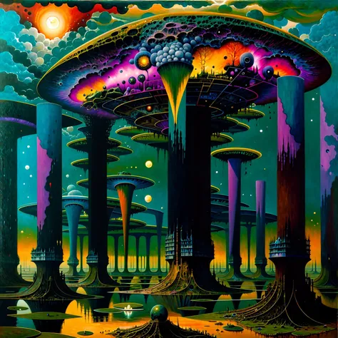 painting \(medium\, oil painting \(medium\), science fiction,fantasy, illuminated, (expressionist), (dread:0.6), (fascinating), (beautiful), breathtaking, (colorful:1.3), (detailed:1.2), (futurism:1.2), (surreal:1.1), (otherworldly), <lora:by_zdzislaw_beksinski_finetuned:0.7>, (zdzislaw beksinski:0.7), lake