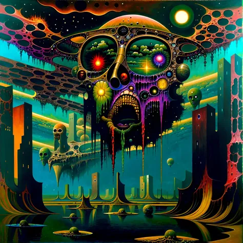 painting \(medium\, oil painting \(medium\), science fiction,fantasy, illuminated, (expressionist), (dread:0.6), (fascinating), (beautiful), breathtaking, (colorful:1.3), (detailed:1.2), (futurism:1.2), (surreal:1.1), (otherworldly), <lora:by_zdzislaw_beksinski_finetuned:0.7>, (zdzislaw beksinski:0.7), lake