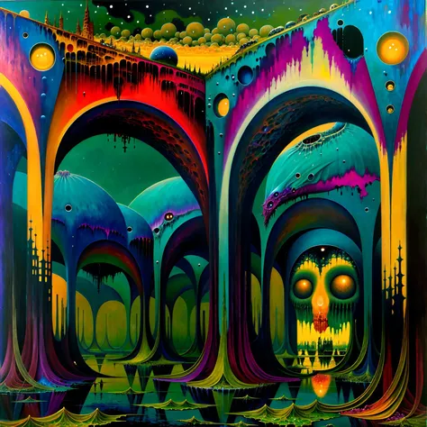 painting \(medium\, oil painting \(medium\), science fiction,fantasy, illuminated, (expressionist), (dread:0.6), (fascinating), (beautiful), breathtaking, (colorful:1.3), (detailed:1.2), (futurism:1.2), (surreal:1.1), (otherworldly), <lora:by_zdzislaw_beksinski_finetuned:0.7>, (zdzislaw beksinski:0.7), lake