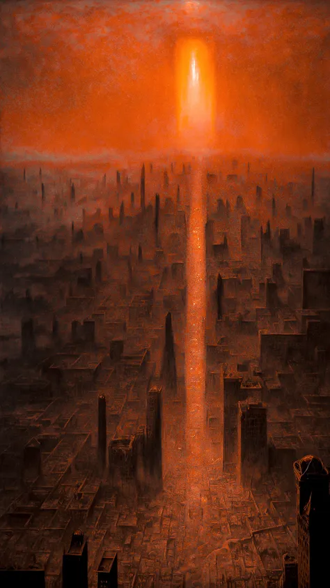 A vast cityscape slowly consumed by encroaching desert, surreal and dystopian, by zdzislaw beksinski, Blizzard, Baroque,  Mirrors, Ethereal,Bloodcurdling,Cryptic, (Saturation:1.1), (Golden ratio:1.1),  (Grisaille:1.1), (Lantern light:1.2), Feathers, Trapezoid, ultra detailed, intricate, oil on canvas, dry brush, (surrealism:1.1), (disturbing:1.1), <lora:by_zdzislaw_beksinski_finetuned:0.5>