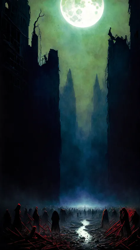 A crumbling cityscape, dwarfed by a line of moving figures, dreamlike and poignant, by zdzislaw beksinski, Rainbow, , Cracked egg,Full moon, Ghoulish,Sinister, (Primary colors:1.1), (Perspective:1.1), (Photomontage:1.1), (Backlit:1.2), Feathers, Hexagon, ultra detailed, intricate, oil on canvas, dry brush, (surrealism:1.1), (disturbing:1.1), <lora:by_zdzislaw_beksinski_finetuned:0.5>