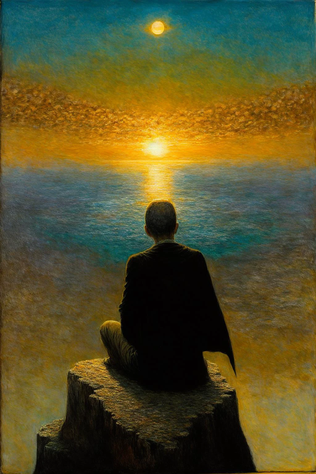 a man sits on a cliff watching the beautiful sunset, tiny man, gorgeous, cape, ((from back)), (Double suns, 2 suns:1.2), (Sunset:1.2), Lace, ultra detailed, intricate, oil on canvas, dry brush, (surrealism:1.1), (disturbing:1.1), <lora:by_zdzislaw_beksinski_finetuned:0.5>