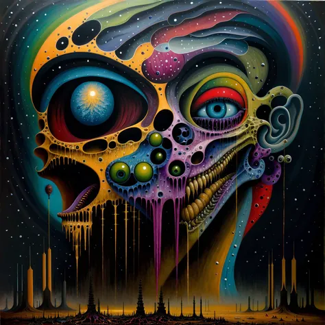 painting \(medium\, oil painting \(medium\), science fiction, illuminated, (expressionist), dread, (fascinating), (beautiful), breathtaking, (colorful:1.3), (detailed:1.2), (futurism:1.2), (surreal:1.1), (otherworldly), <lora:by_zdzislaw_beksinski_finetuned:0.4>, (zdzislaw beksinski:0.7)