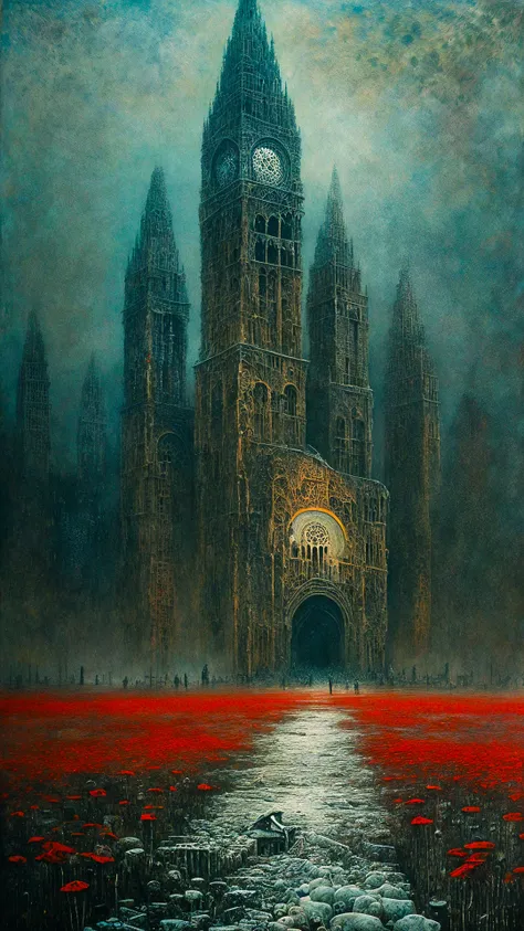 A crumbling cityscape, dwarfed by a line of moving figures, dreamlike and poignant, by zdzislaw beksinski, Snow, Art Deco, Skeletons,Poppies, Peculiar, (Simultaneous contrast:1.1), (Repetition:1.1), (Pointillism:1.1), (Glowing:1.2), Water, Octagon, ultra detailed, intricate, oil on canvas, dry brush, (surrealism:1.1), (disturbing:1.1), <lora:by_zdzislaw_beksinski_finetuned:0.5>