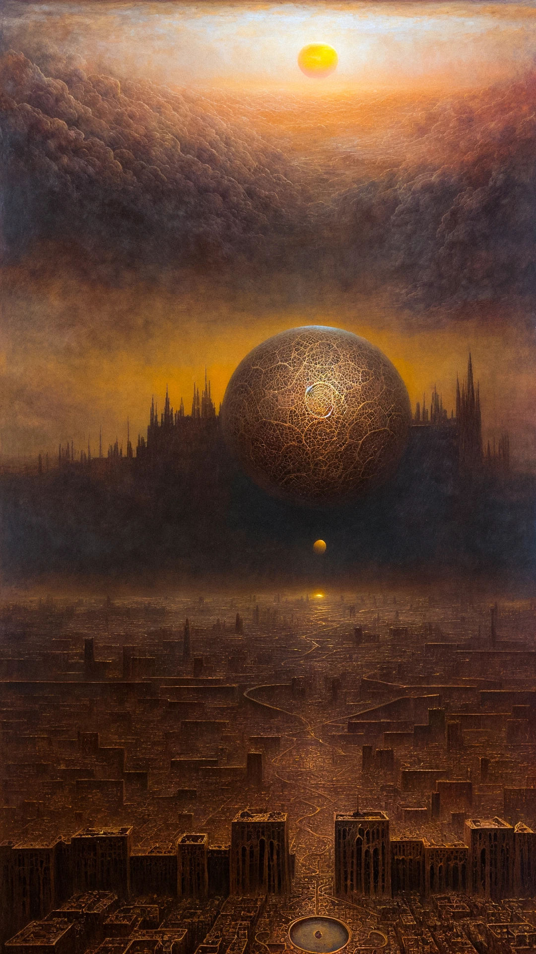A vast cityscape slowly consumed by encroaching desert, surreal and dystopian, by zdzislaw beksinski, Cloudy, Art Deco, Key, Cryptic, (Sepia:1.1), (Golden ratio:1.1), (Glazing:1.1), (Sunset:1.2), Lace, Sphere, ultra detailed, intricate, oil on canvas, dry brush, (surrealism:1.1), (disturbing:1.1), <lora:by_zdzislaw_beksinski_finetuned:0.5>