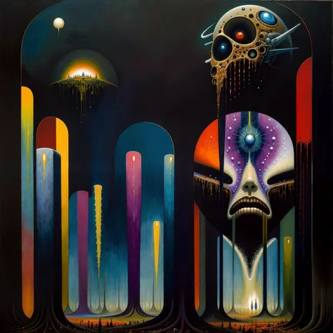 painting \(medium\, oil painting \(medium\), science fiction, illuminated, (expressionist), dread, (fascinating), (beautiful), breathtaking, (colorful:1.3), (detailed:1.2), (futurism:1.2), (surreal:1.1), (otherworldly), <lora:by_zdzislaw_beksinski_finetuned:0.4>, (zdzislaw beksinski:0.7)