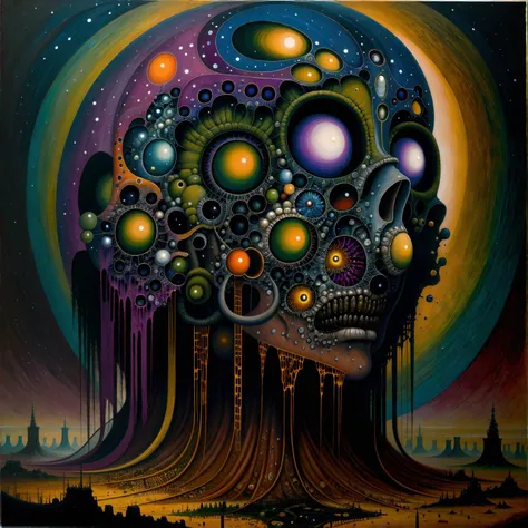 painting \(medium\, oil painting \(medium\), science fiction, illuminated, (expressionist), dread, (fascinating), (beautiful), breathtaking, (colorful:1.3), (detailed:1.2), (futurism:1.2), (surreal:1.1), (otherworldly), <lora:by_zdzislaw_beksinski_finetuned:0.4>, (zdzislaw beksinski:0.7)