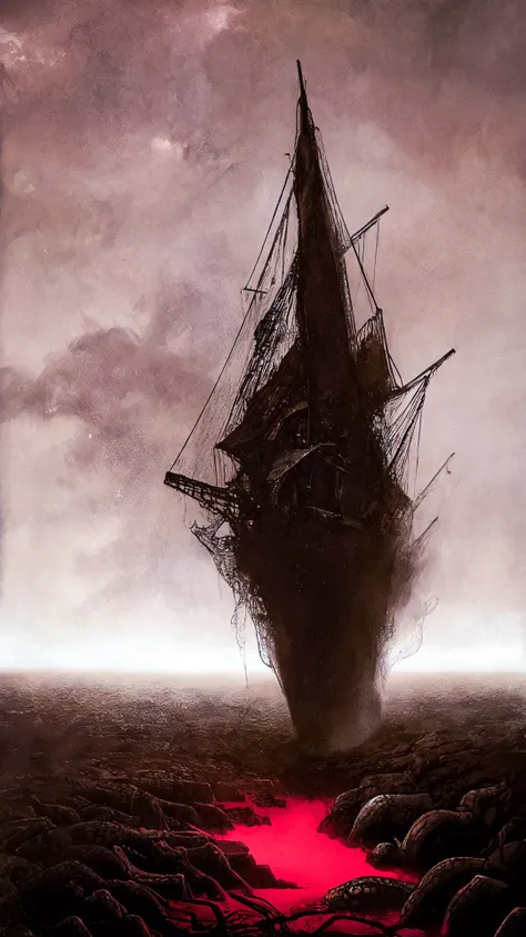 A mechanical whale swims in an oil-black ocean, surreal and dystopian, by zdzislaw beksinski, Thunderstorm, Renaissance, Eyes,Gas masks,Snake, Cryptic, (Sepia:1.1), (Space:1.1), (Pointillism:1.1), (Infrared:1.2), Cotton, Polygon, ultra detailed, intricate, oil on canvas, dry brush, (surrealism:1.1), (disturbing:1.1), <lora:by_zdzislaw_beksinski_finetuned:0.5>