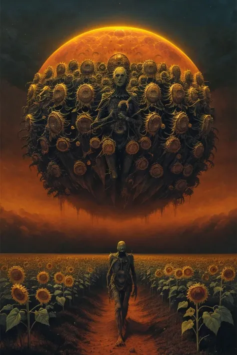 horror sci fi poster, a field of sunflowers by zdzislaw beksinski, wayne barlowe, gothic, cosmic horror, lovecraftian, cold hue's, warm tone gradient background, concept art, beautiful composition, digital painting, trending on artstation, award - winning photograph, masterpiece, 8 k, uhd, art by artgerm