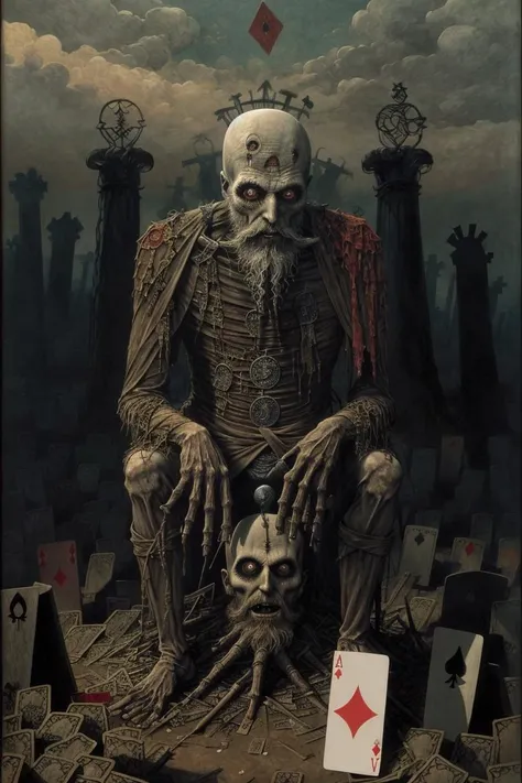 a closeup beard man, playing card, graveyard, nightmare, disturbing, creepy, gloomy, rotten, by zdzislaw beksinski