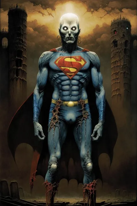 superman, creepy, nightmare, disturbing, creepy, gloomy, rotten, by zdzislaw beksinski