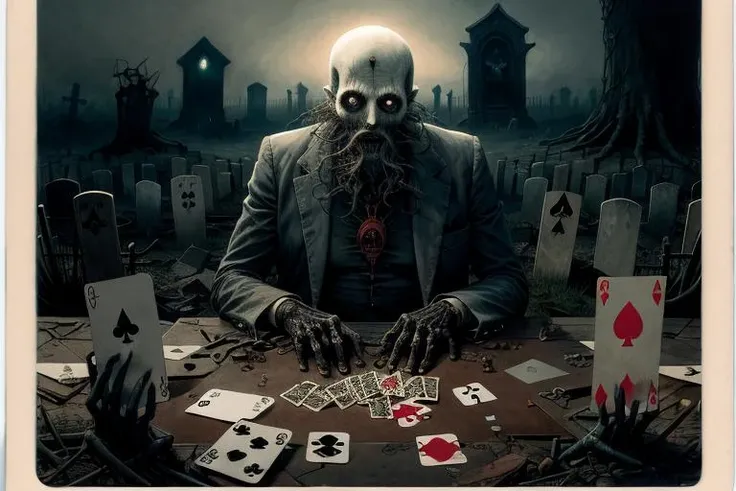 a closeup beard man, playing card, graveyard, nightmare, disturbing, creepy, gloomy, rotten, by zdzislaw beksinski
<lora:by_zdzislaw_beksinski_finetuned:0.75> centered