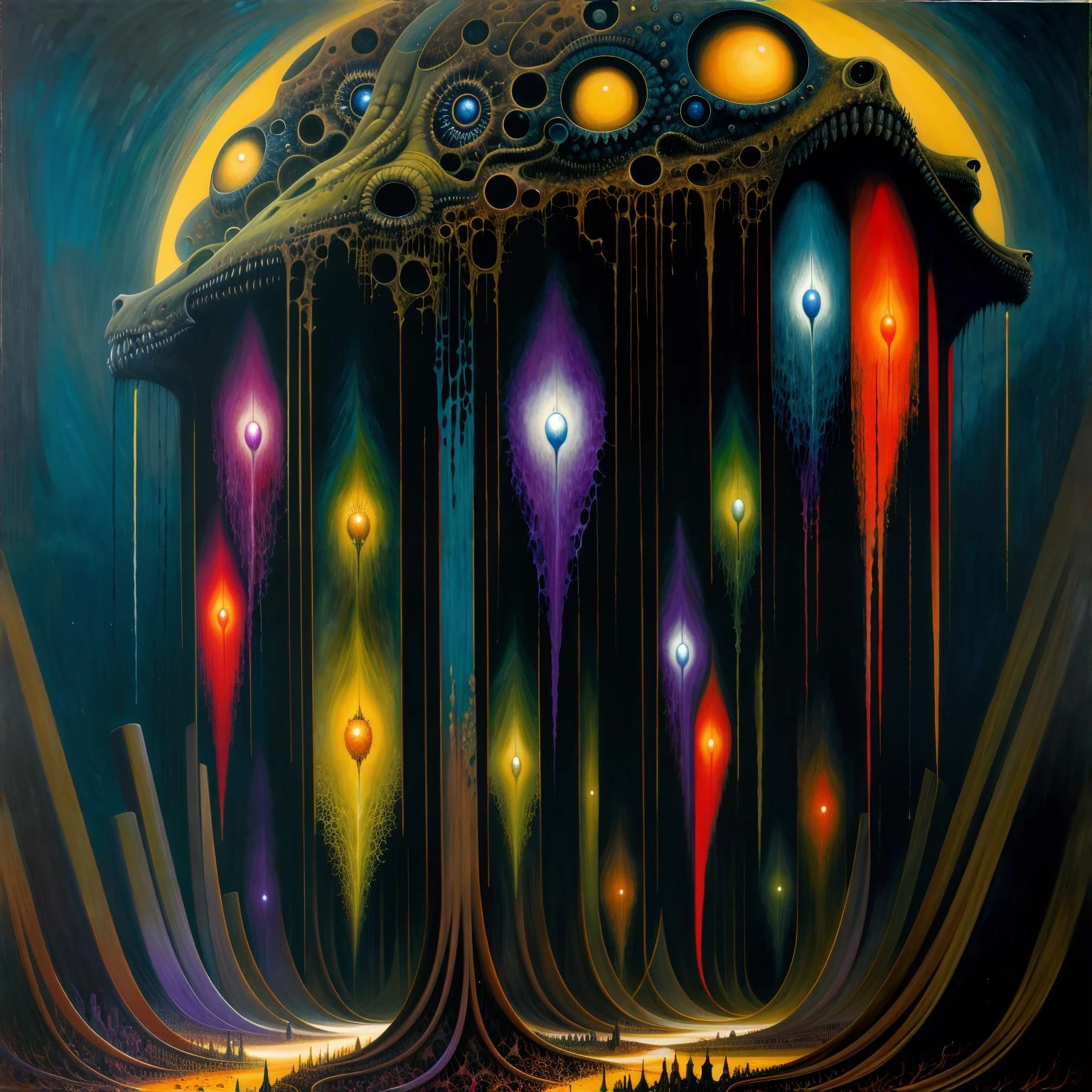 painting \(medium\, oil painting \(medium\), science fiction, illuminated, (expressionist), dread, (fascinating), (beautiful), breathtaking, (colorful:1.3), (detailed:1.2), (futurism:1.2), (surreal:1.1), (otherworldly), <lora:by_zdzislaw_beksinski_finetuned:0.4>, (zdzislaw beksinski:0.7)