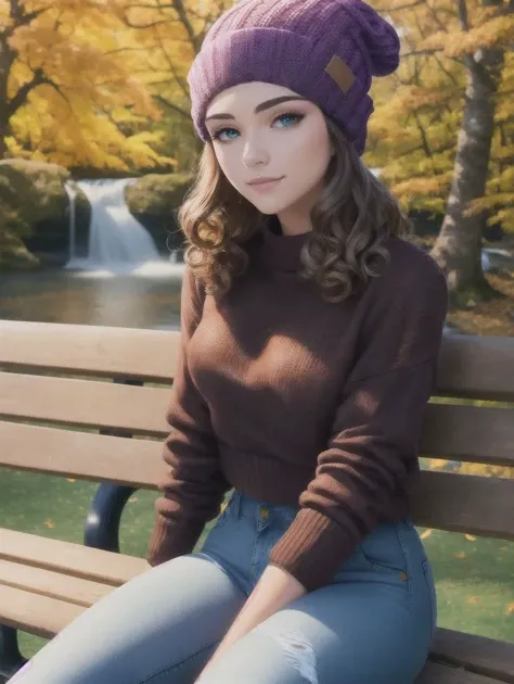 solo, masterpiece, best quality, medium shot, beautiful girl in an autumn forest wearing a cropped knit sweater and ripped skinny jeans, beautiful waterfall, sitting on park bench, perfect face, (hazel eyes:1), (curly brunette hair), (beanie:1.2), colorful trees