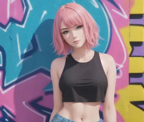 solo, masterpiece, best quality, high detail, sharp focus, perfect face, medium shot of a beautiful woman with pink hair wearing a black crop top and jean shorts, colorful, (graffiti wall), urban street, small breasts