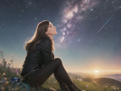solo, masterpiece, best quality, perfect face, medium shot of a woman with brunette hair sitting on a hillside looking up at the stars, night sky, colorful and vivid