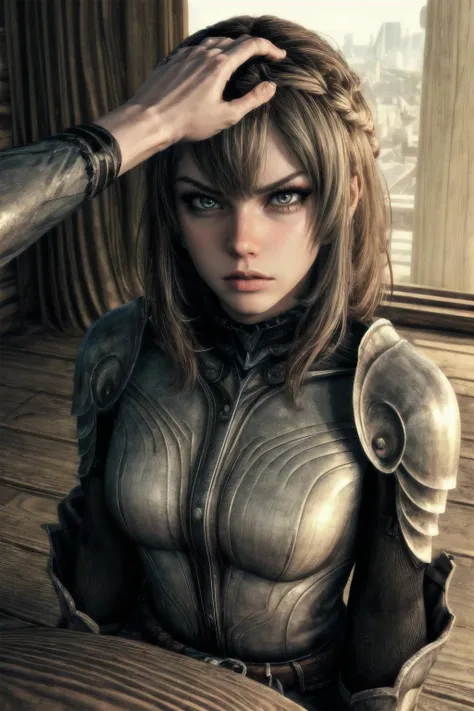 Highly detailed, High Quality, Masterpiece, beautiful,  <lora:more_details:1>, 1girl, solo, looking at viewer,  <lora:Uthgerd-09:0.7>, Uth, <lora:HeadpatPOV:1>, HeadpatPOV, pov, headpat, angry, anger vein
