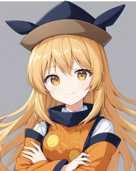 matara okina,1girl, solo, hat, long_sleeves, smile, black_headwear, crossed_arms, traditional_media, upper_body, closed_mouth, detached_sleeves, simple_background, brown_headwear, tabard, looking_at_viewer, wide_sleeves, orange_cape, orange_sleeves, constellation_print, white_shirt, aura, constellation, cropped_torso, grey_background
<lora:matara_okina_image1460_2023-12-20-000014:1>,star-shaped_pupils,symbol-shaped_pupils,. gorgeous,key visual, vibrant, studio anime,award-winning, professional, highly detailed,high budget, cinemascope