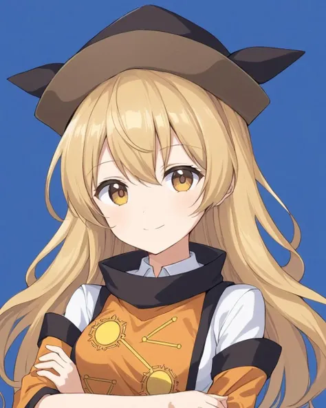 matara okina, hat, tabard, smile, 2girls, blue_background, brown_headwear, upper_body, detached_sleeves, black_headwear, constellation_print, closed_mouth, looking_at_viewer, simple_background, crossed_arms, back-to-back, short_sleeves, medium_breasts, white_outline, long_sleeves, white_shirt, orange_sleeves
<lora:matara_okina_image1460_2023-12-20-000014:1>,star-shaped_pupils,symbol-shaped_pupils,. gorgeous,key visual, vibrant, studio anime,award-winning, professional, highly detailed,high budget, cinemascope