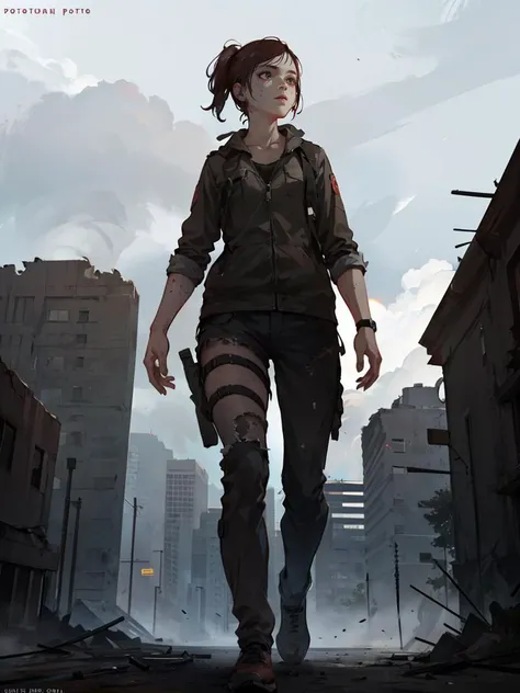 1girl,ellie,masterpiece,best quality,8K,HDR,photorealistic,detailed face,beautiful face,ruins,post-apocalyptic,<lora:ellie2:1>,full body, from below,