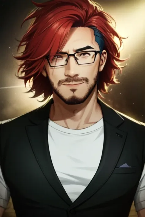 a man with red hair and glasses standing in front of a light