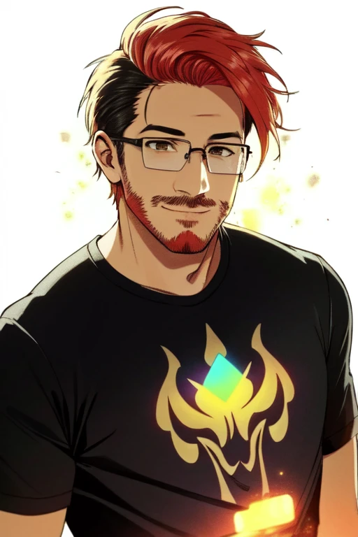 <lora:Markiplier:.7> Markiplier, Mark Fischbach, (masterpiece, best illustration, extreme light and shadow, best fan art, trending on artstation),1boy, facial hair, male focus, glasses, beard, red hair,  wild hair, wind swept hair, disheveled hair, short hair, mowhawk, smile, portrait, mustache, solo, heart shaped face, shaded face,  wearing a black leather vest, white tshirt, epic character composition, thick strokes with paint splatters, by ilya kuvshinov, alessio albi, nina masic, sharp focus, natural lighting, subsurface scattering, f2, 35mm, film grain (dynamic angle), depth of field, (ultra-detailed), cinematic lighting, (((glowing light particles))), shiny skin,  (daylight:.5), (rainbow lights, light leak)