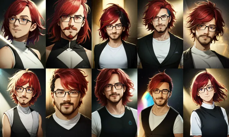 <lora:Markiplier:.7> Markiplier, Mark Fischbach, (masterpiece, best illustration, extreme light and shadow, best fan art, trending on artstation),1boy, facial hair, male focus, glasses, beard, red hair,  wild hair, wind swept hair, disheveled hair, short hair, mowhawk, smile, portrait, mustache, solo, heart shaped face, shaded face,  wearing a black leather vest, white tshirt, epic character composition, thick strokes with paint splatters, by ilya kuvshinov, alessio albi, nina masic, sharp focus, natural lighting, subsurface scattering, f2, 35mm, film grain (dynamic angle), depth of field, (ultra-detailed), cinematic lighting, (((glowing light particles))), shiny skin,  (daylight:.5), (rainbow lights, light leak)