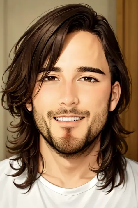 a close up of a man with long hair and a beard