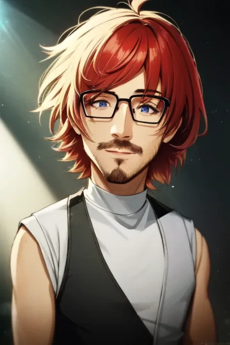 <lora:Markiplier:.7> Markiplier, Mark Fischbach, (masterpiece, best illustration, extreme light and shadow, best fan art, trending on artstation),1boy, facial hair, male focus, glasses, beard, red hair,  wild hair, wind swept hair, disheveled hair, short hair, mowhawk, smile, portrait, mustache, solo, heart shaped face, shaded face,  wearing a black leather vest, white tshirt, epic character composition, thick strokes with paint splatters, by ilya kuvshinov, alessio albi, nina masic, sharp focus, natural lighting, subsurface scattering, f2, 35mm, film grain (dynamic angle), depth of field, (ultra-detailed), cinematic lighting, (((glowing light particles))), shiny skin,  (daylight:.5), (rainbow lights, light leak)