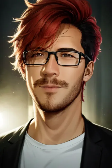 a man with red hair and glasses is staring at the camera