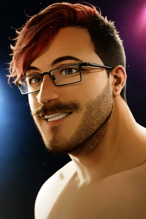<lora:Markiplier:.7> Markiplier, Mark Fischbach, (masterpiece, best illustration, extreme light and shadow),1boy, facial hair, male focus, glasses, beard, red hair, short hair, mowhawk, smile, portrait, mustache, solo, heart shaped face, shaded face, (dynamic angle), depth of field, (ultra-detailed), cinematic lighting, (((glowing light particles))), shiny skin, (daylight:.5), (rainbow lights, light leak)