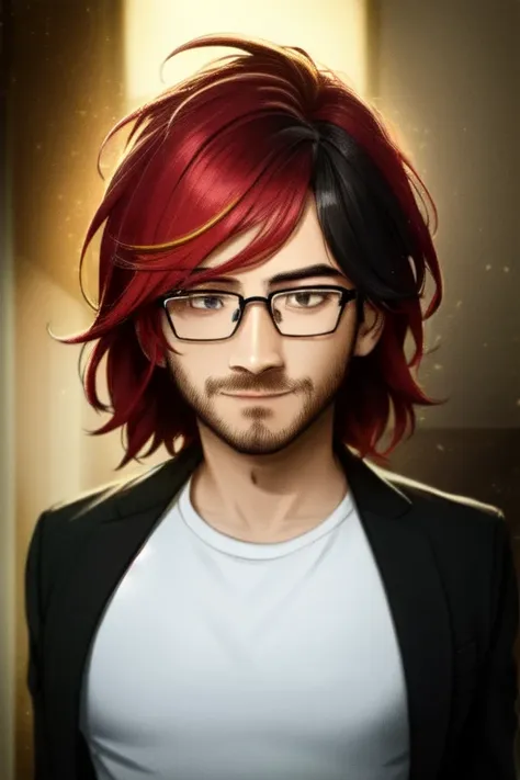 <lora:Markiplier:.7> Markiplier, Mark Fischbach, (masterpiece, best illustration, extreme light and shadow, best fan art, trending on artstation),1boy, facial hair, male focus, glasses, beard, red hair,  wild hair, wind swept hair, disheveled hair, short hair, mowhawk, smile, portrait, mustache, solo, heart shaped face, shaded face,  wearing a black leather vest, white tshirt, epic character composition, thick strokes with paint splatters, by ilya kuvshinov, alessio albi, nina masic, sharp focus, natural lighting, subsurface scattering, f2, 35mm, film grain (dynamic angle), depth of field, (ultra-detailed), cinematic lighting, (((glowing light particles))), shiny skin,  (daylight:.5), (rainbow lights, light leak)