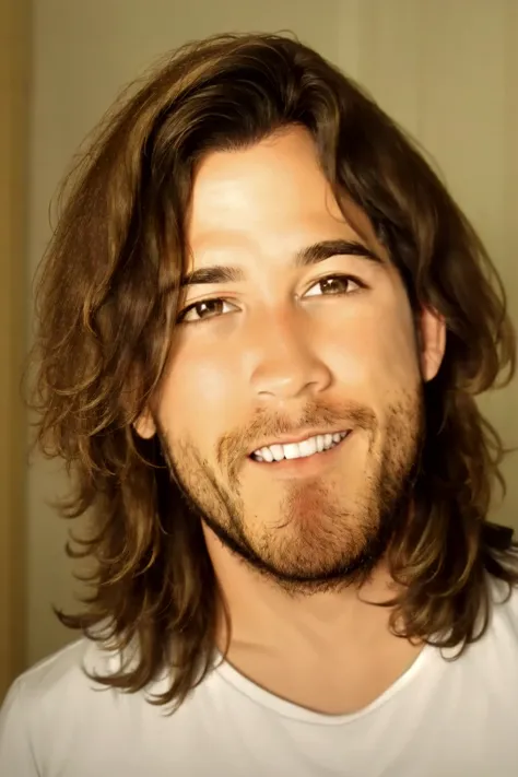 arafed man with long hair and a beard smiling for a picture