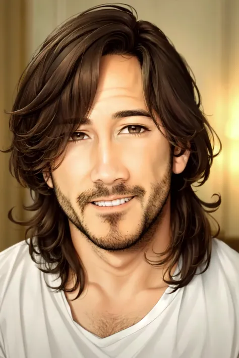 <lora:Markiplier:.7> Markiplier, 1boy, male focus, solo, facial hair, shirt, white shirt, teeth, stubble, blurry, beard, portrait, brown hair, long hair,looking at viewer, parted lips, brown eyes, heart shaped face, shaded face,