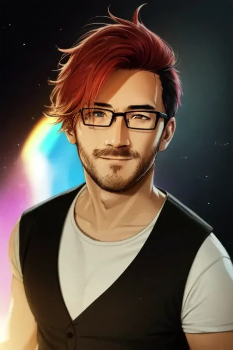 a man with red hair and glasses standing in front of a colorful background